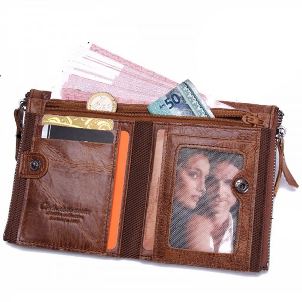 Cowhide double zipper wallet